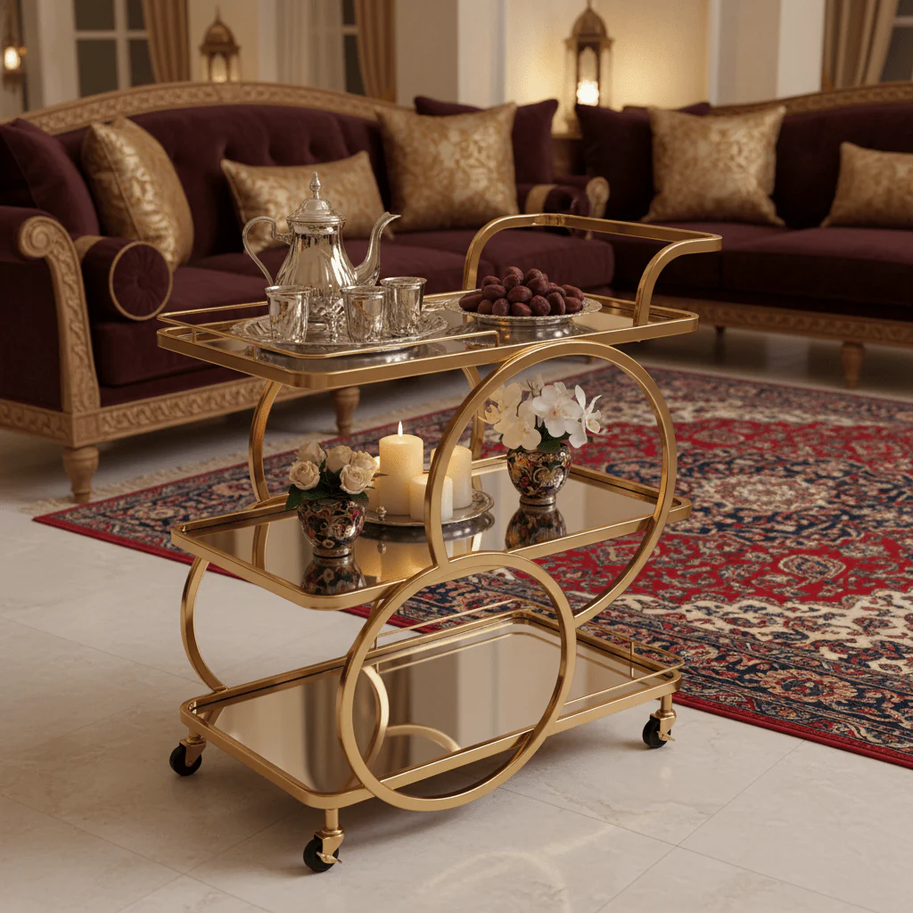 Life Smile 3-Tier Gold Metal & Glass Serving Trolley | Luxury Majlis Cart with Swivel Wheels | 80×70×40 cm | - Image 2