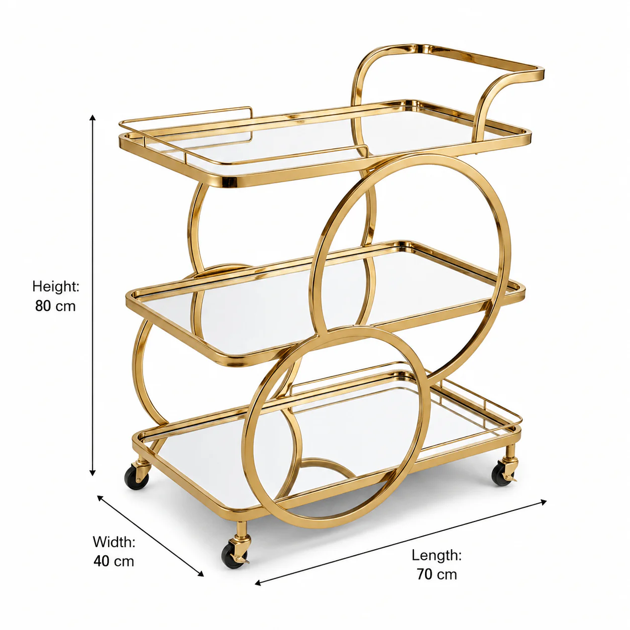 Life Smile 3-Tier Gold Metal & Glass Serving Trolley | Luxury Majlis Cart with Swivel Wheels | 80×70×40 cm | - Image 4