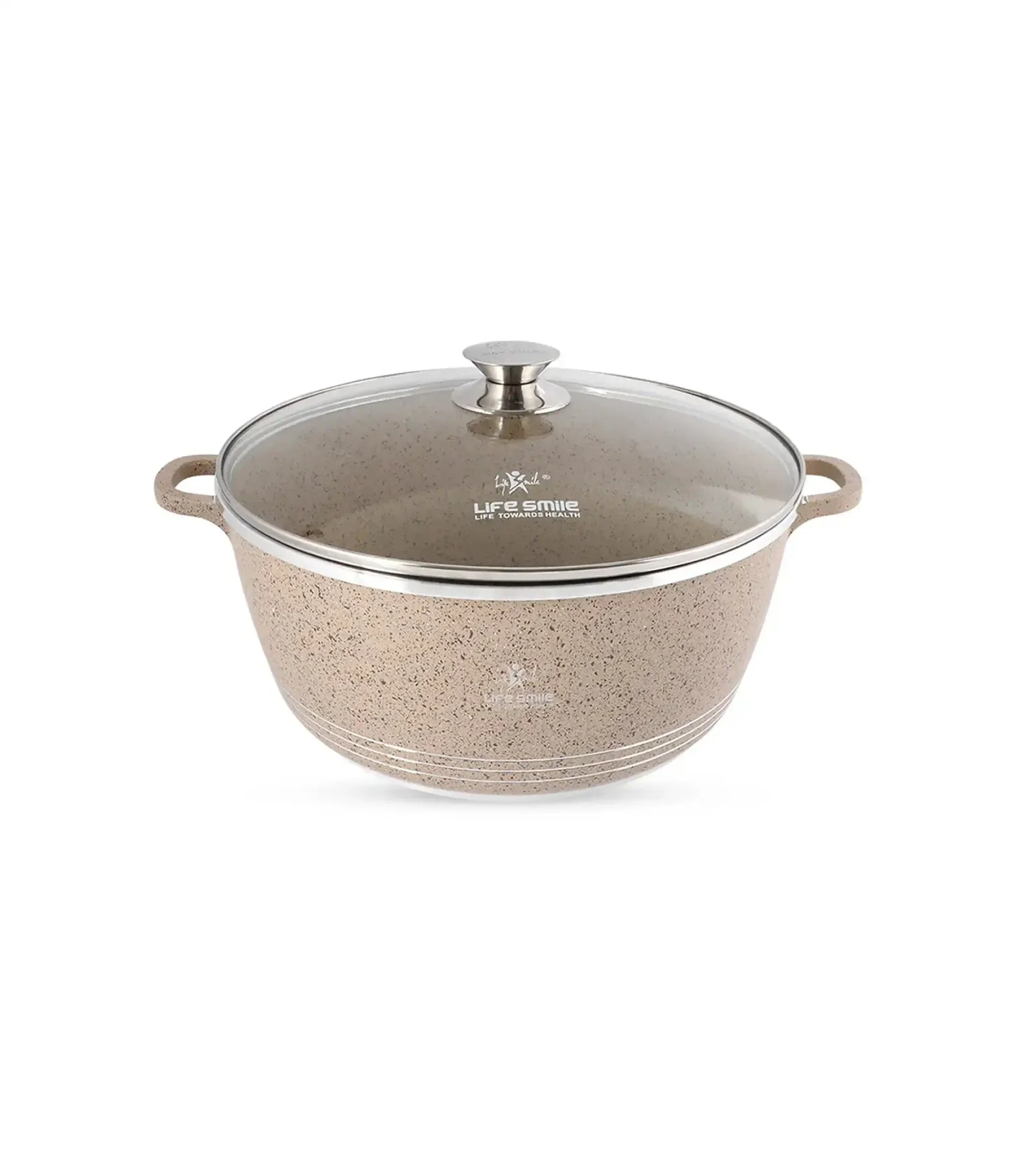 Life Smile 32cm Oven-Safe Granite Coating Cooking Pot with Glass Lid Beige/Black