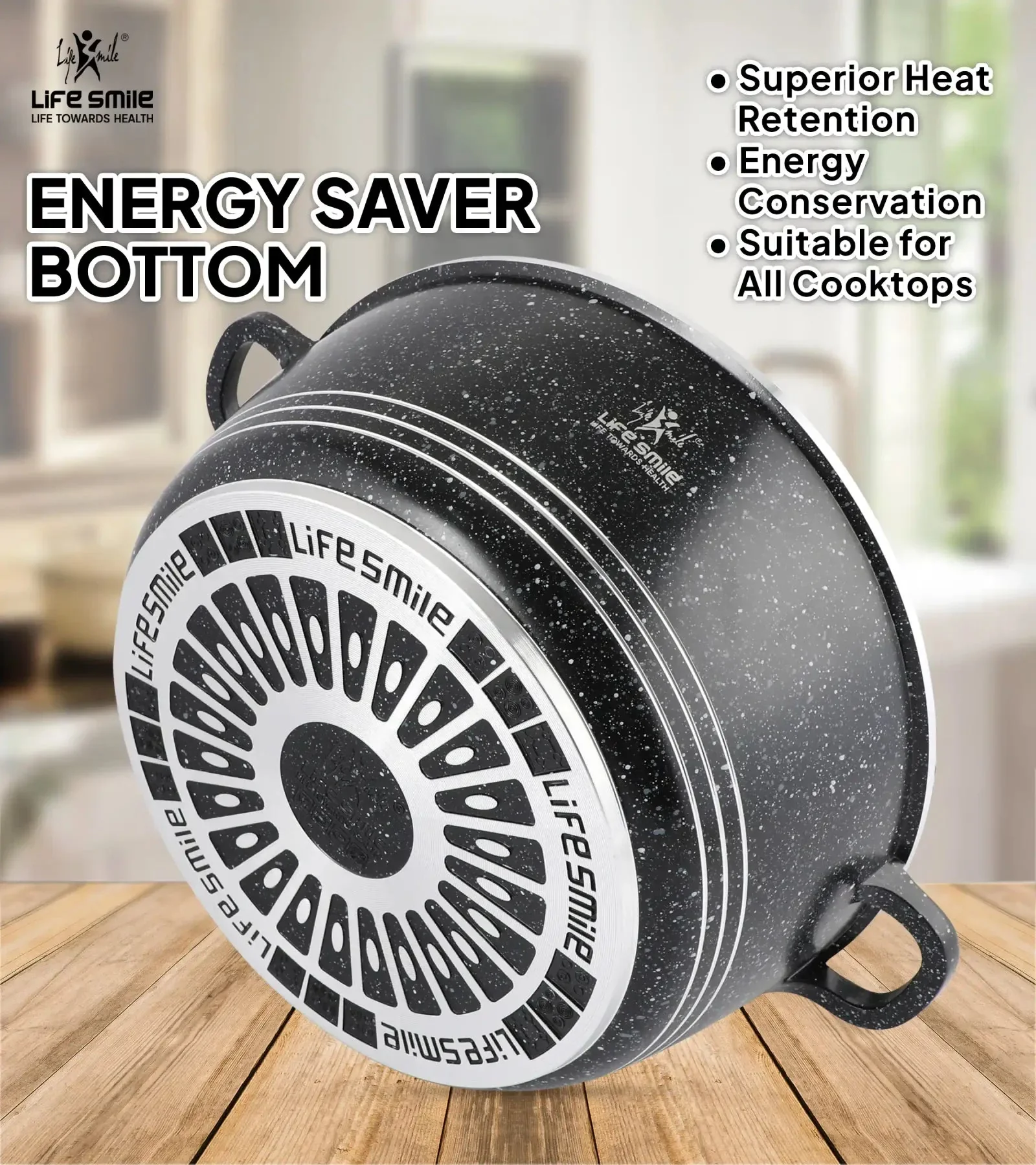 Life Smile 32cm Oven-Safe Granite Coating Cooking Pot with Glass Lid Beige/Black - Image 4