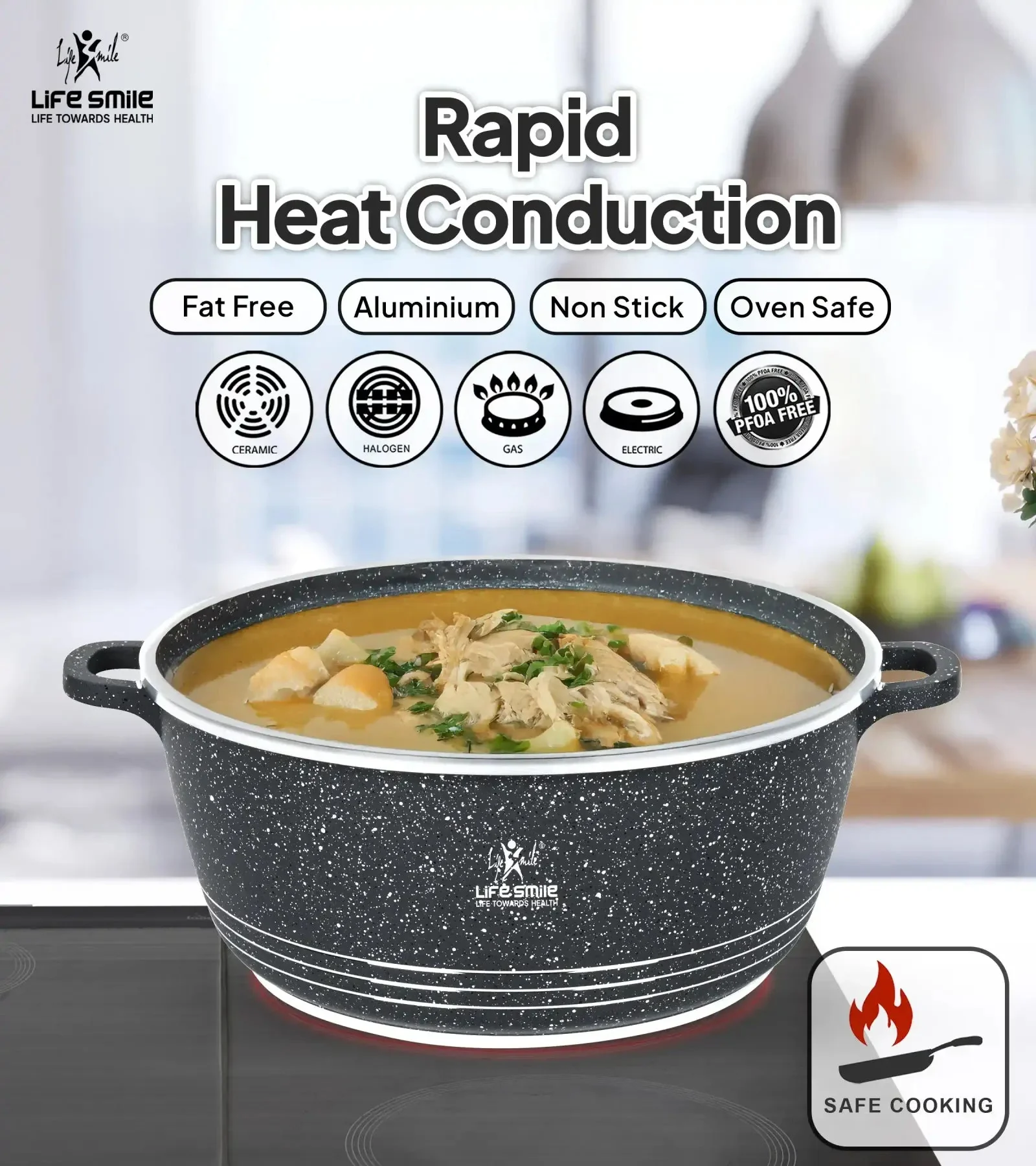 Life Smile 32cm Oven-Safe Granite Coating Cooking Pot with Glass Lid Beige/Black - Image 5