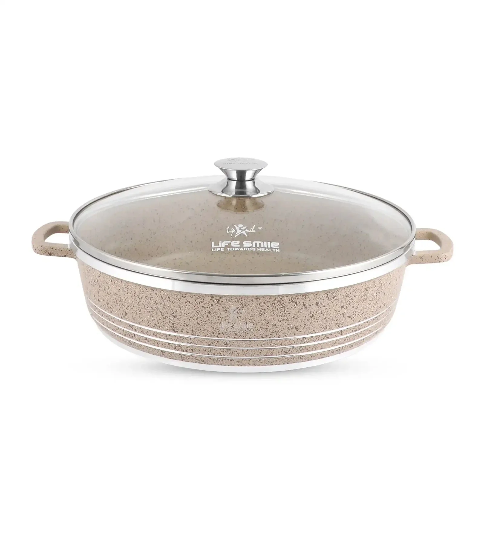 Life Smile 36cm Oven-Safe Granite Coating Cooking Pot with Glass Lid Beige/Black