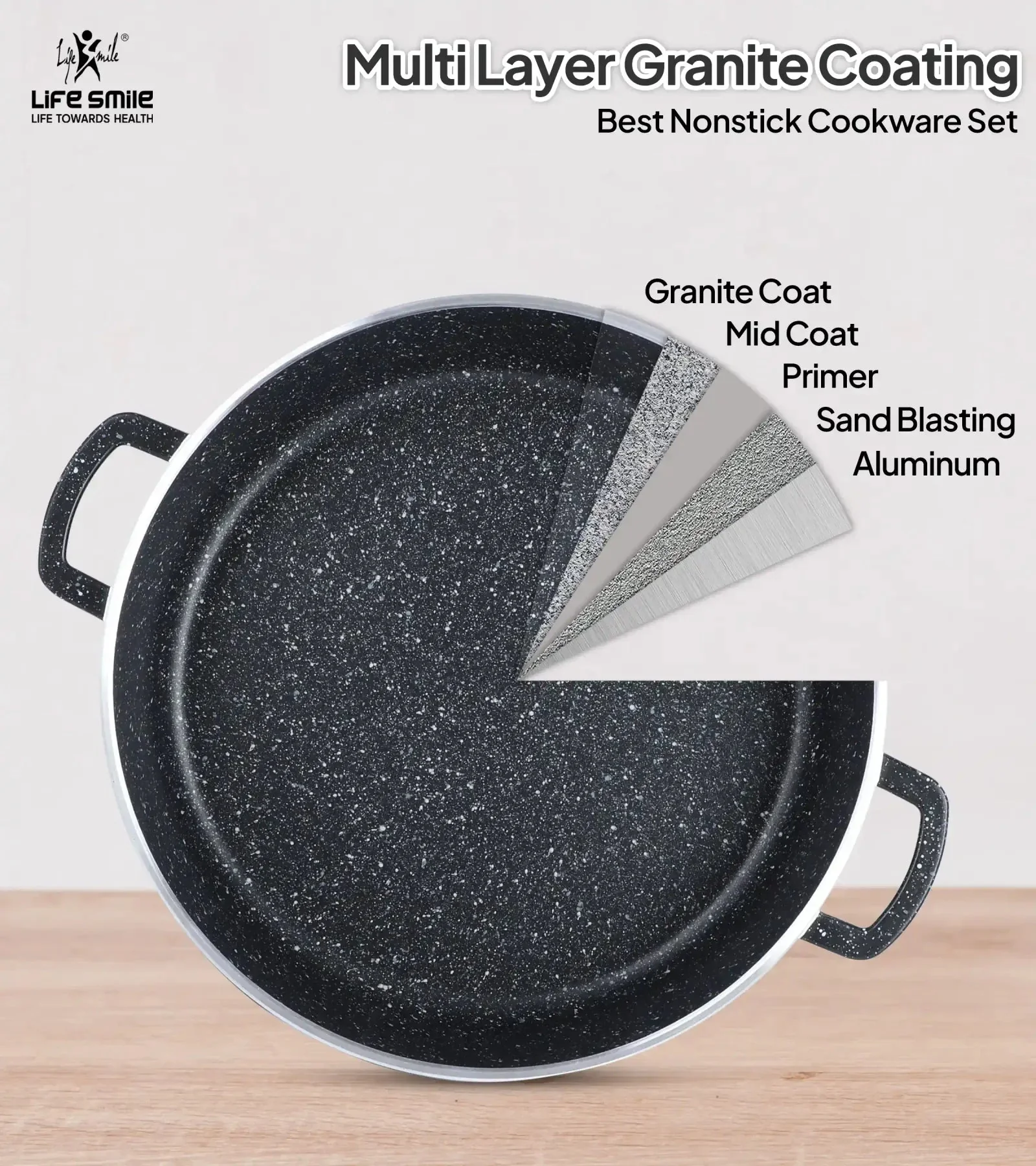 Life Smile 36cm Oven-Safe Granite Coating Cooking Pot with Glass Lid Beige/Black - Image 4