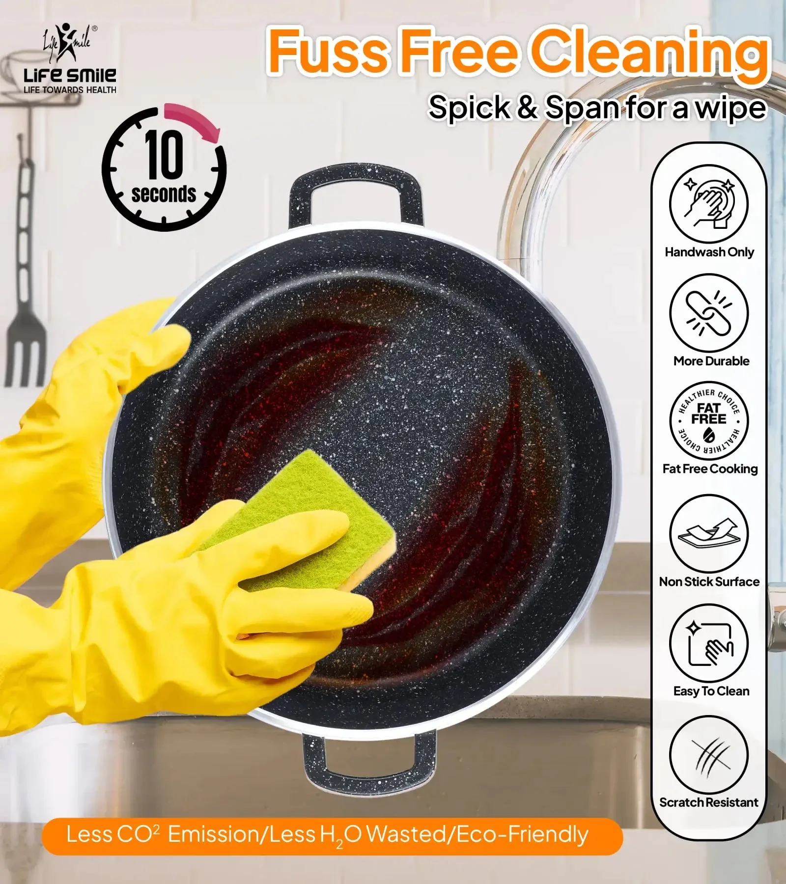 Life Smile 36cm Oven-Safe Granite Coating Cooking Pot with Glass Lid Beige/Black - Image 5