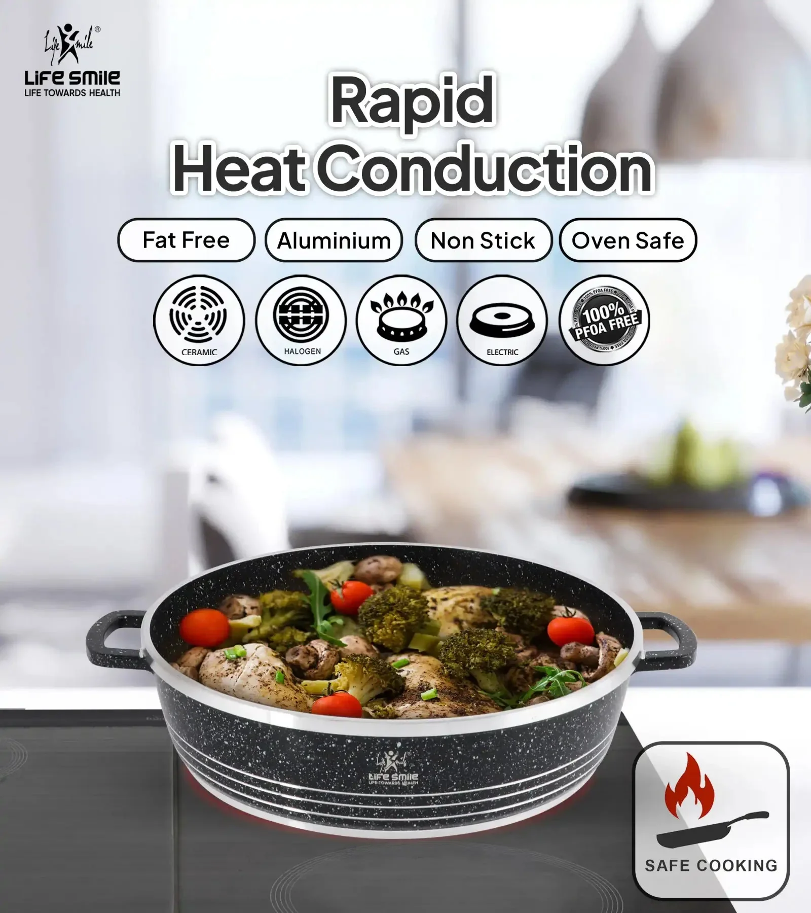 Life Smile 36cm Oven-Safe Granite Coating Cooking Pot with Glass Lid Beige/Black - Image 6