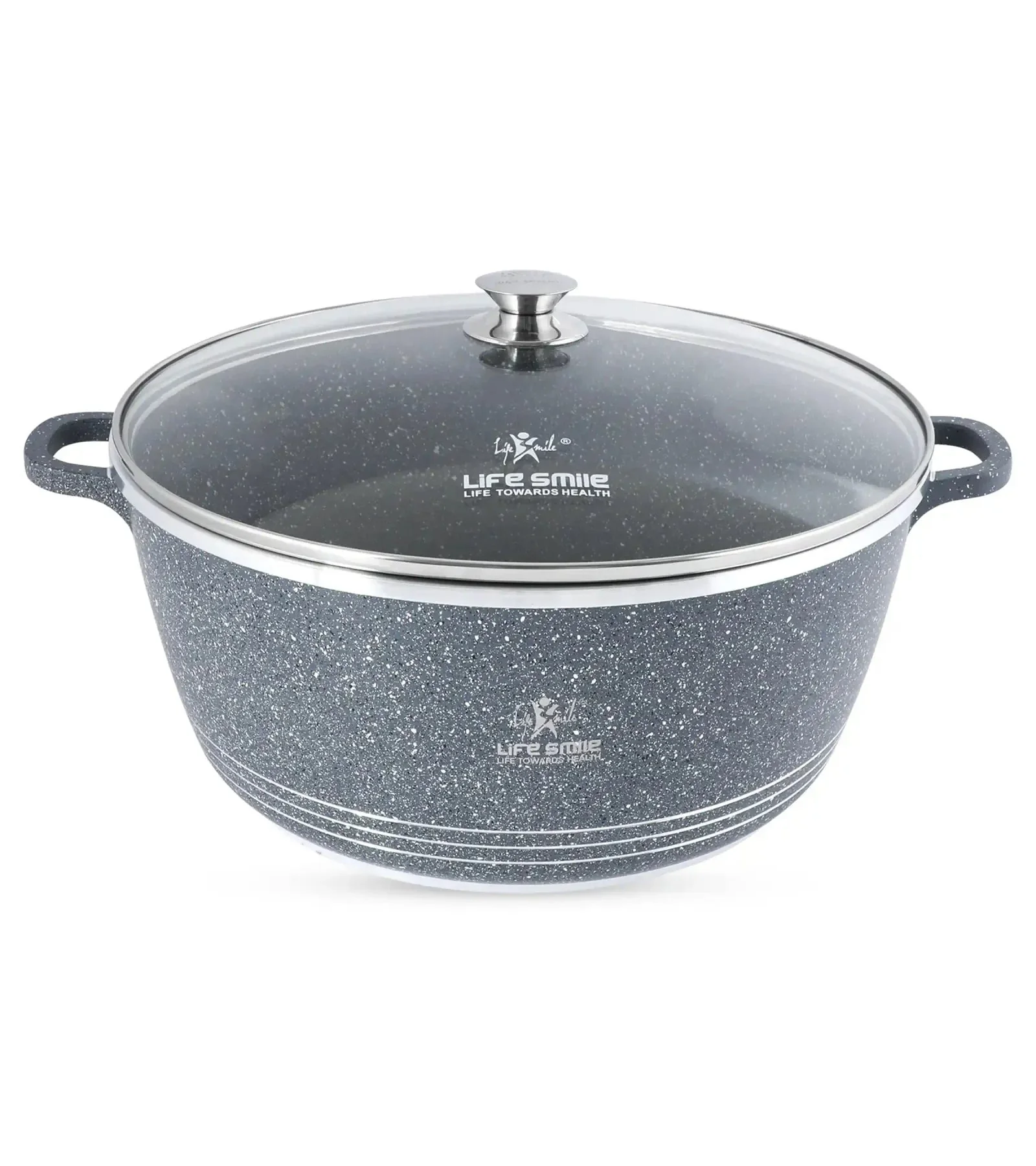 Life Smile 44cm Oven-Safe Granite Coating Cooking Pot with Glass Lid Beige/Black/Gray - Image 3