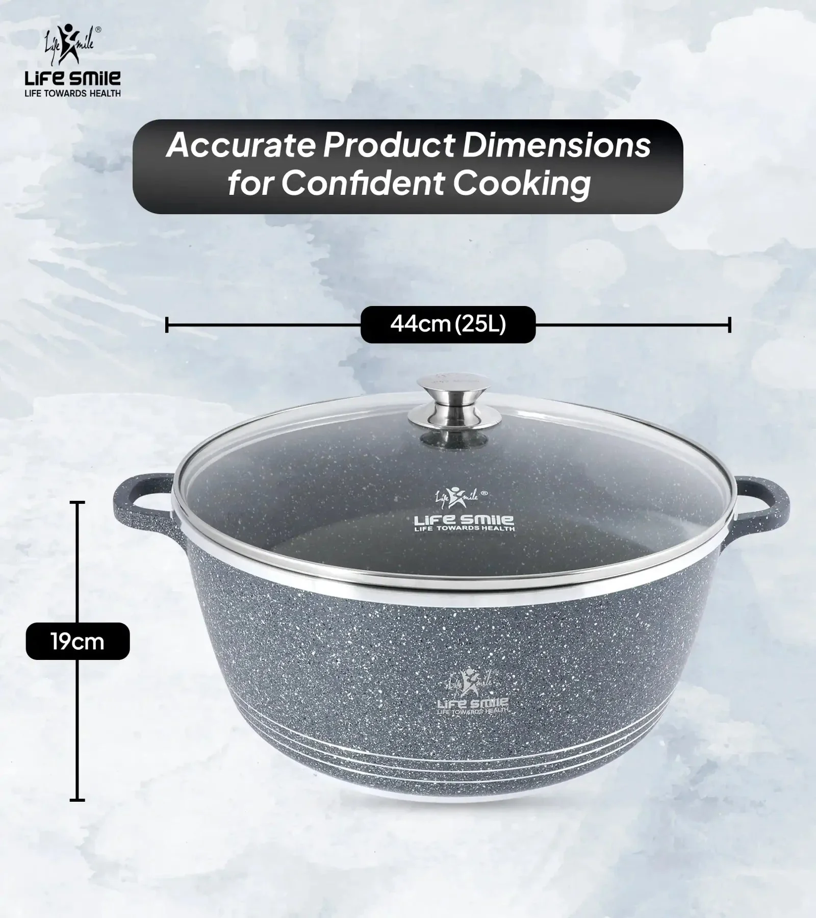 Life Smile 44cm Oven-Safe Granite Coating Cooking Pot with Glass Lid Beige/Black/Gray - Image 4
