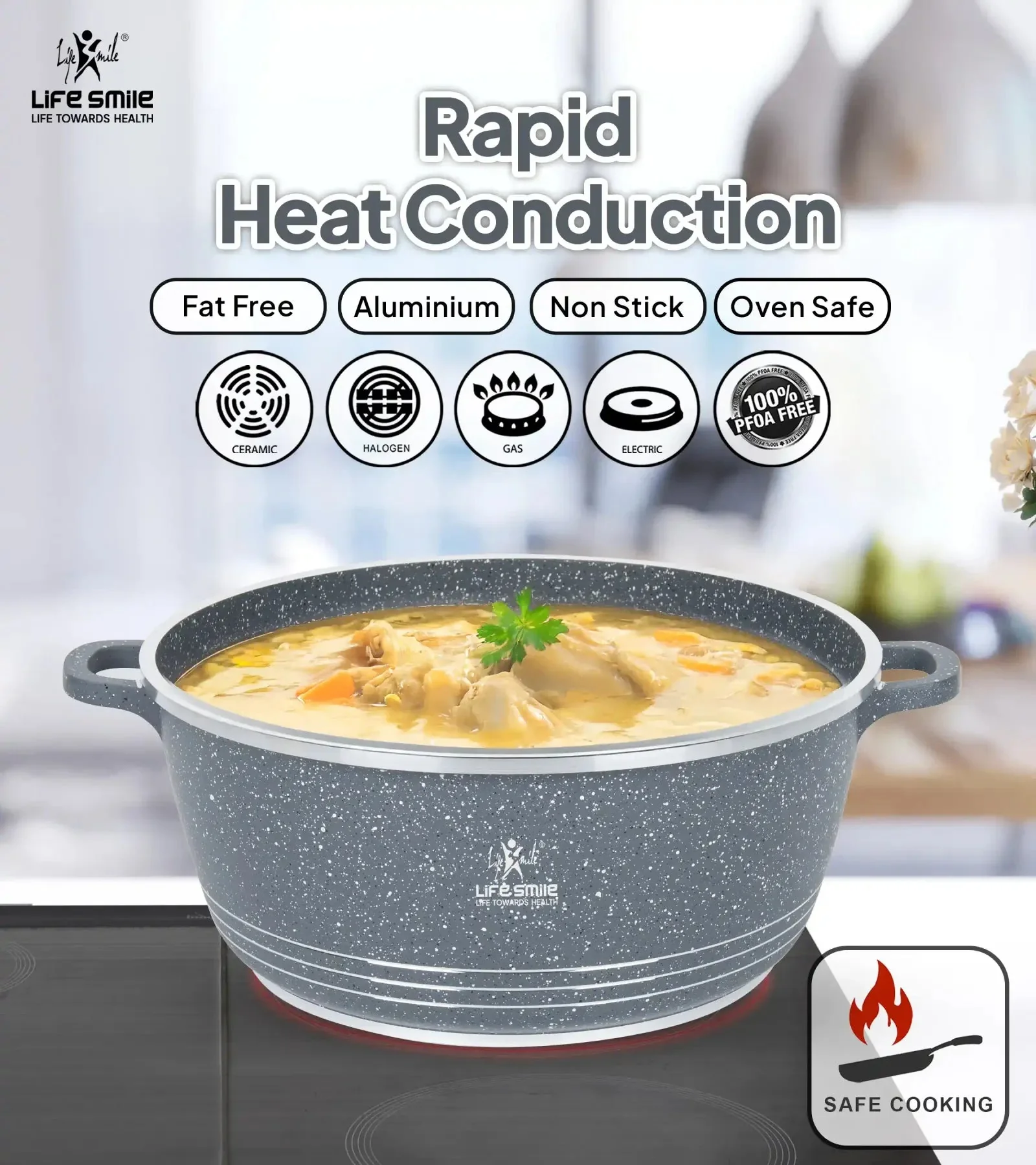 Life Smile 44cm Oven-Safe Granite Coating Cooking Pot with Glass Lid Beige/Black/Gray - Image 7