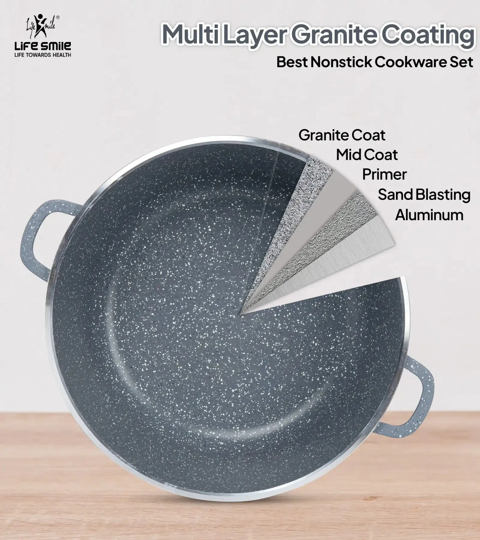 Life Smile 44cm Oven-Safe Granite Coating Cooking Pot with Glass Lid Beige/Black/Gray - Image 9