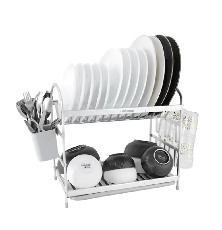 Life Smile Aluminium 2 Tier Dish Rack with Anti-Slip Rubber Fleet Designed to Maximize the Kitchen Storage 49.7cmX25cmX37.7cm-silver