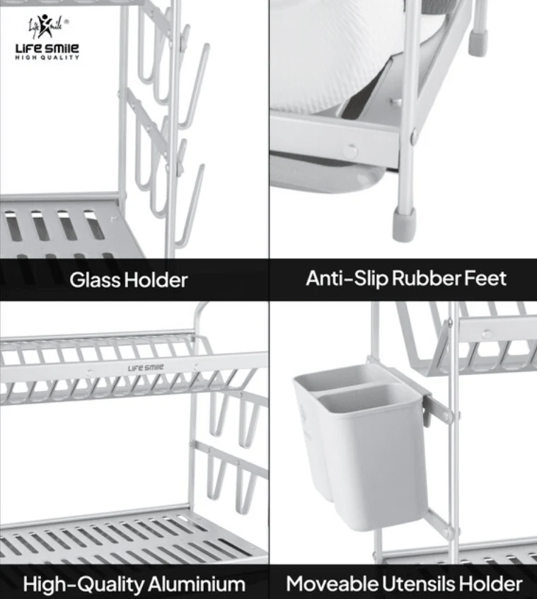 Life Smile Aluminium 2 Tier Dish Rack with Anti-Slip Rubber Fleet Designed to Maximize the Kitchen Storage 49.7cmX25cmX37.7cm-silver - Image 3