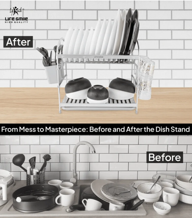 Life Smile Aluminium 2 Tier Dish Rack with Anti-Slip Rubber Fleet Designed to Maximize the Kitchen Storage 49.7cmX25cmX37.7cm-silver - Image 5
