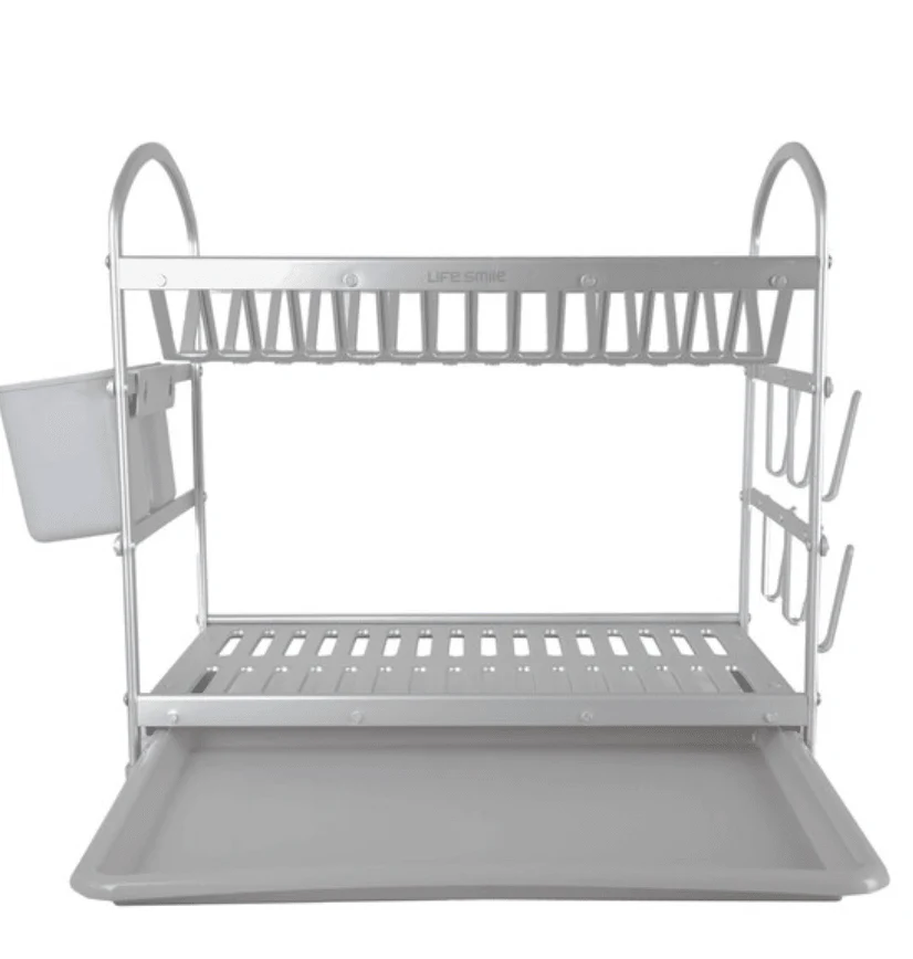 Life Smile Aluminium 2 Tier Dish Rack with Anti-Slip Rubber Fleet Designed to Maximize the Kitchen Storage 49.7cmX25cmX37.7cm-silver - Image 7