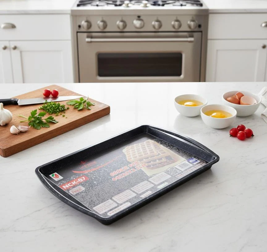 LIFE SMILE Cookie Pan 44×28×2.3 cm – Non-Stick Granite Design Carbon Steel Baking Tray for Cookies, Cakes and Snacks - Image 2