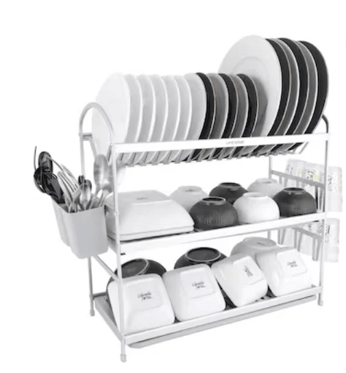 Life Smile Dish Rack - 3 Tier Countertop Dish Drying Stand With Removable Drip Tray - Pure Aluminum with Cutlery Holder and Cups Holder - Anti Slip and Rust Proof Dish Drainer 62.9cmX25cmX51.7cm-silver