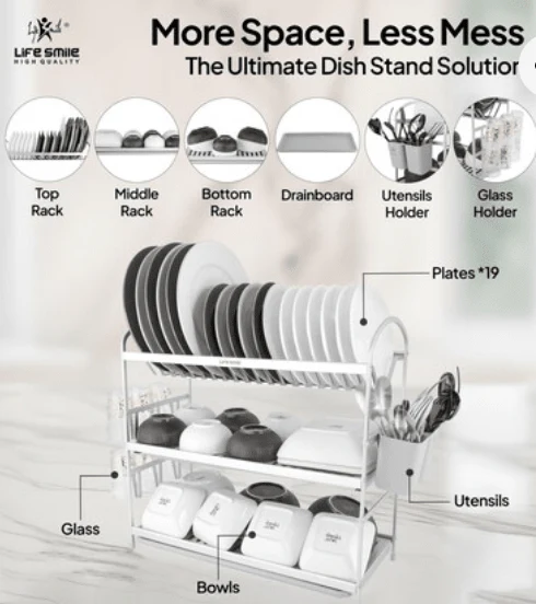 Life Smile Dish Rack - 3 Tier Countertop Dish Drying Stand With Removable Drip Tray - Pure Aluminum with Cutlery Holder and Cups Holder - Anti Slip and Rust Proof Dish Drainer 62.9cmX25cmX51.7cm-silver - Image 2