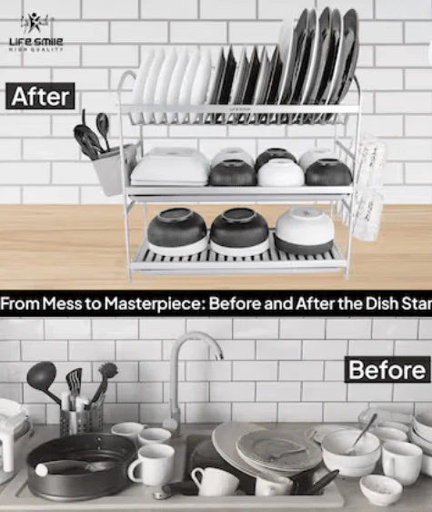 Life Smile Dish Rack - 3 Tier Countertop Dish Drying Stand With Removable Drip Tray - Pure Aluminum with Cutlery Holder and Cups Holder - Anti Slip and Rust Proof Dish Drainer 62.9cmX25cmX51.7cm-silver - Image 3