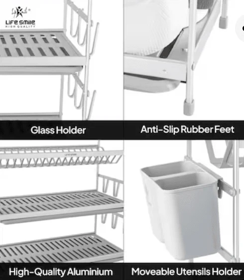 Life Smile Dish Rack - 3 Tier Countertop Dish Drying Stand With Removable Drip Tray - Pure Aluminum with Cutlery Holder and Cups Holder - Anti Slip and Rust Proof Dish Drainer 62.9cmX25cmX51.7cm-silver - Image 4