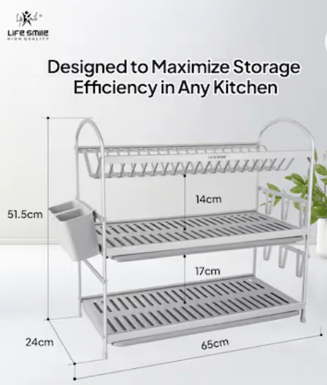 Life Smile Dish Rack - 3 Tier Countertop Dish Drying Stand With Removable Drip Tray - Pure Aluminum with Cutlery Holder and Cups Holder - Anti Slip and Rust Proof Dish Drainer 62.9cmX25cmX51.7cm-silver - Image 5