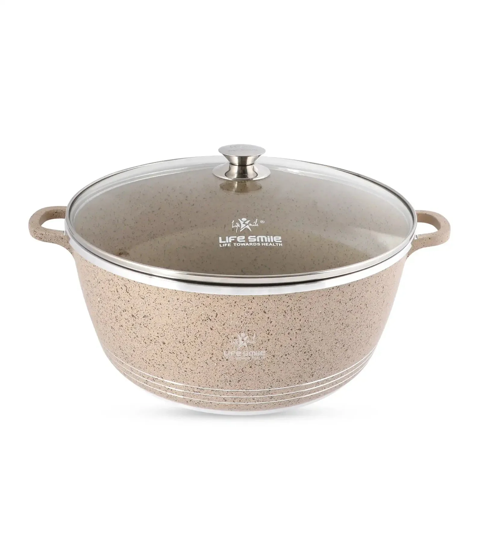 Life Smile 40cm Oven-Safe Granite Coating Cooking Pot with Glass Lid Beige/Black