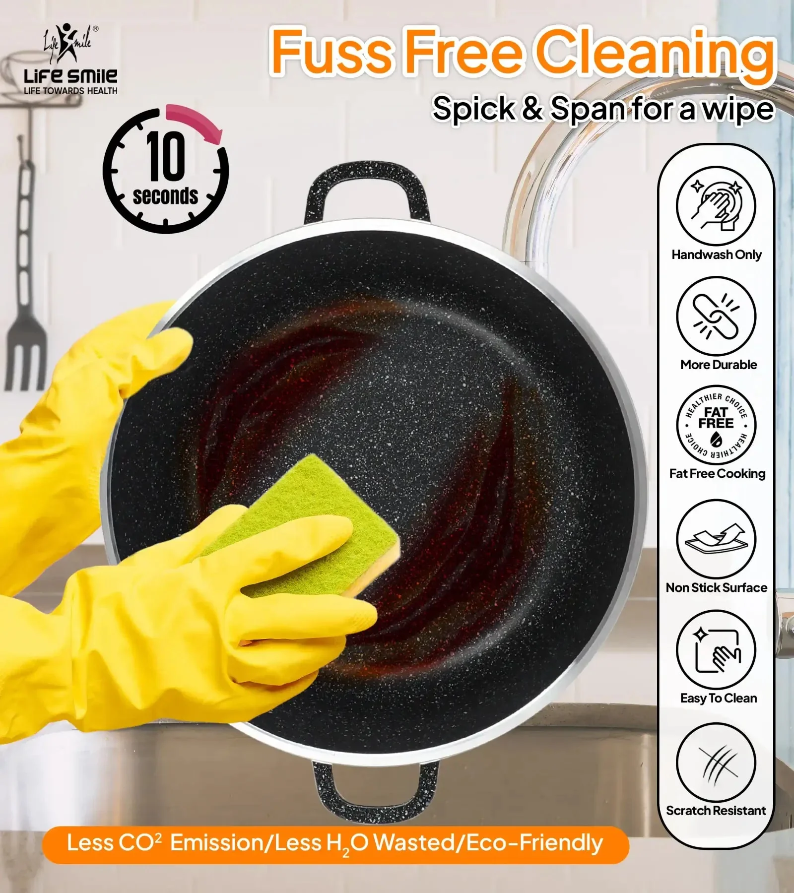 Life Smile 40cm Oven-Safe Granite Coating Cooking Pot with Glass Lid Beige/Black - Image 5