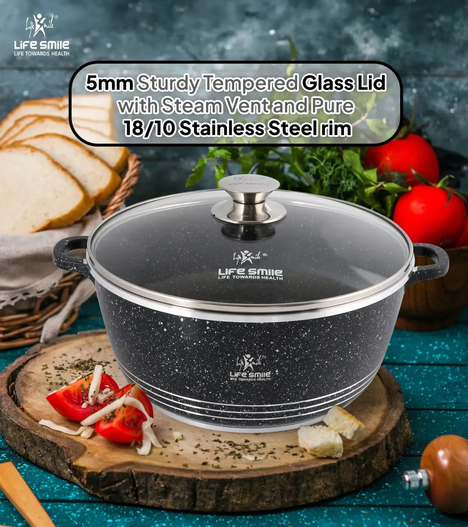 Life Smile 40cm Oven-Safe Granite Coating Cooking Pot with Glass Lid Beige/Black - Image 7