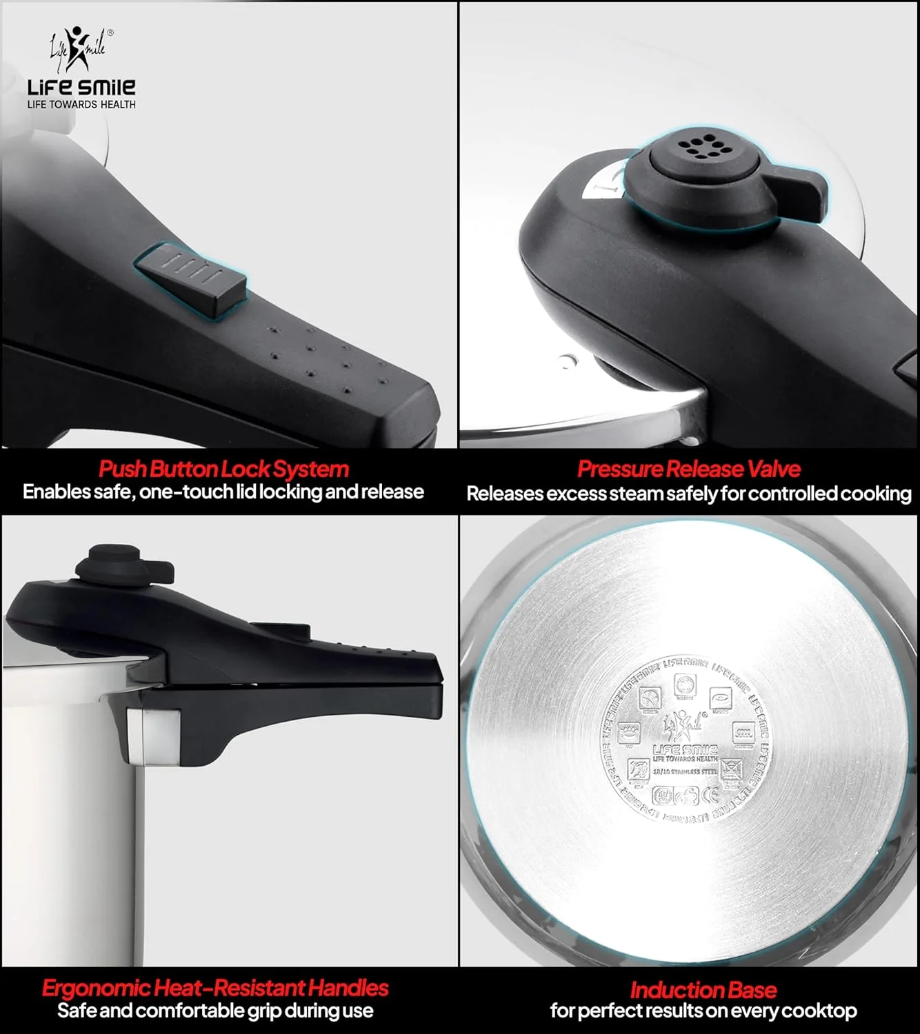 Life Smile 10L Pressure Cooker – 18/10 Stainless Steel, Push Button Lock System, Induction Compatible, Heat-Resistant Handles, Silver - Image 3