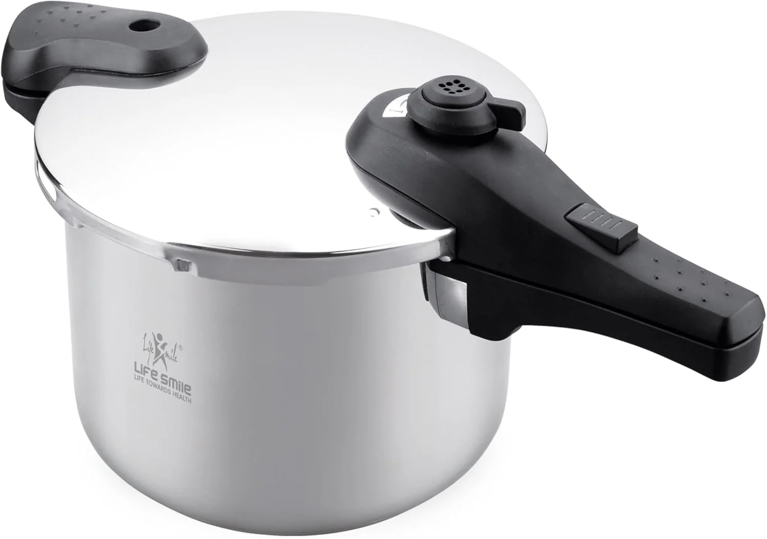 Life Smile 6L Pressure Cooker – 18/10 Stainless Steel, Push Button Lock System, Induction Compatible, Heat-Resistant Handles, Silver