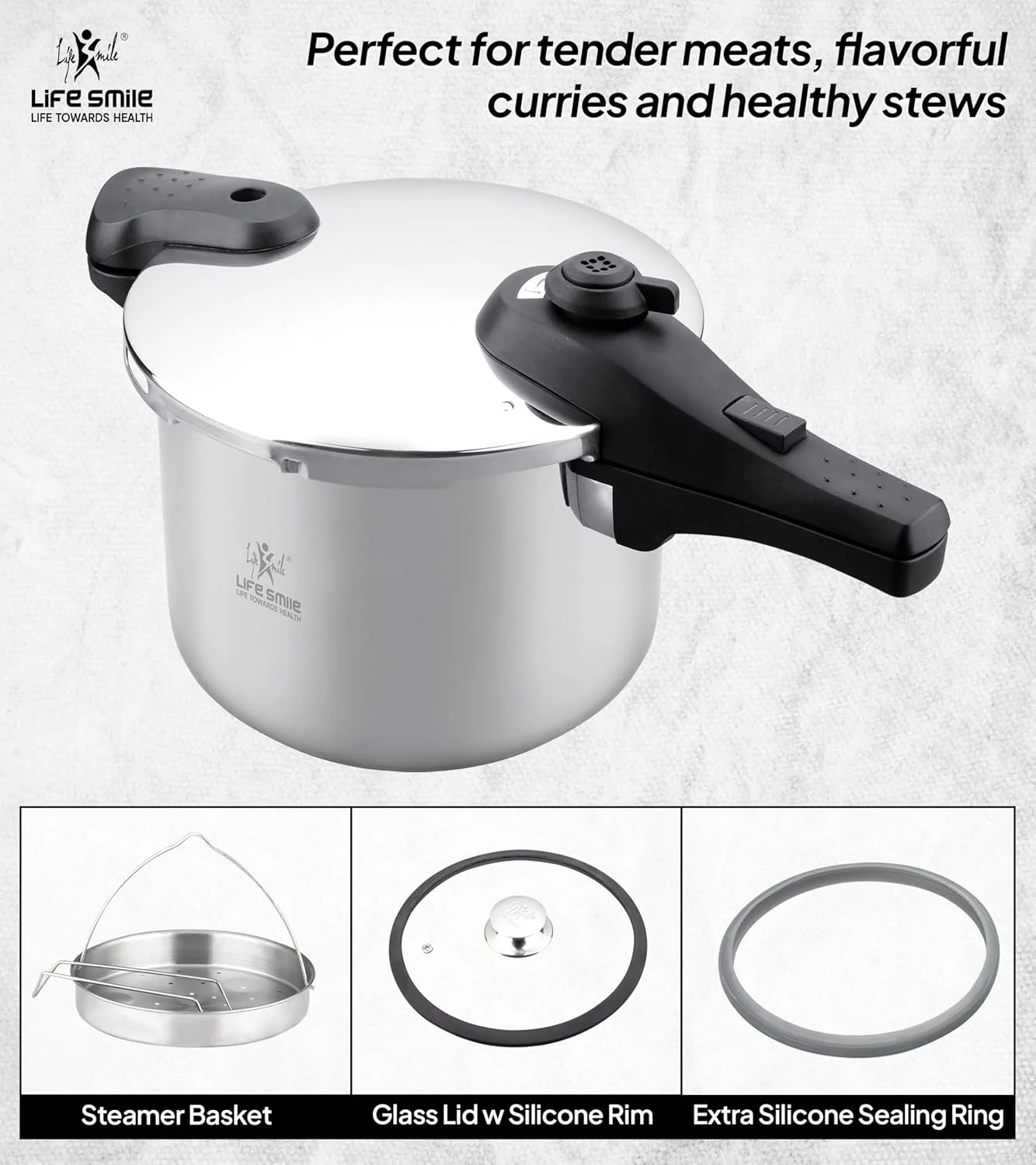 Life Smile 6L Pressure Cooker – 18/10 Stainless Steel, Push Button Lock System, Induction Compatible, Heat-Resistant Handles, Silver - Image 2