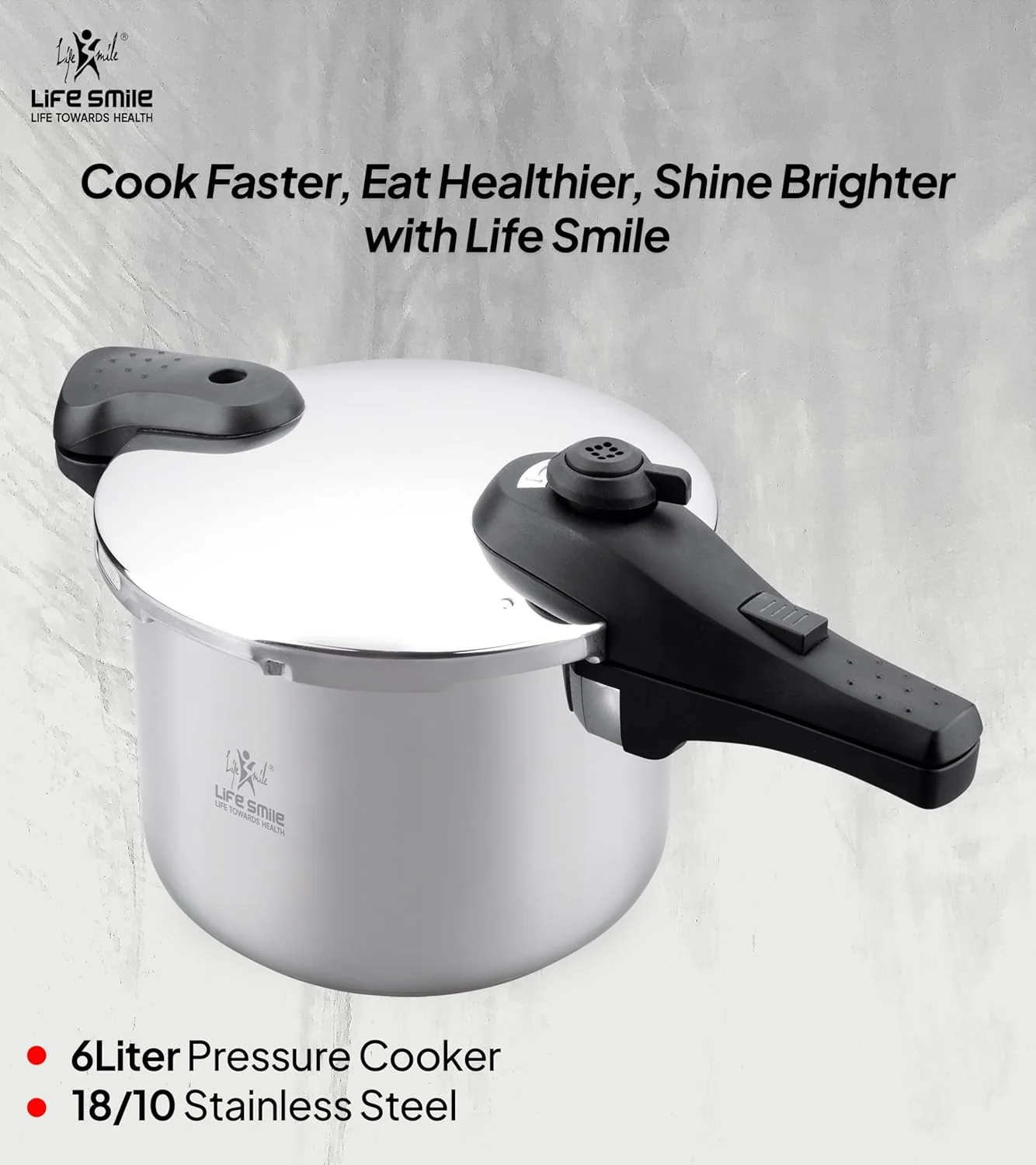 Life Smile 6L Pressure Cooker – 18/10 Stainless Steel, Push Button Lock System, Induction Compatible, Heat-Resistant Handles, Silver - Image 6