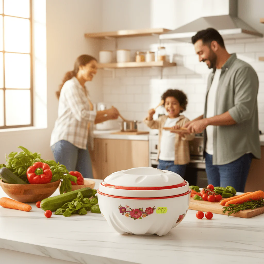 Livon Insulated Hotpot 1000ml | White & Red Floral Design - Image 2