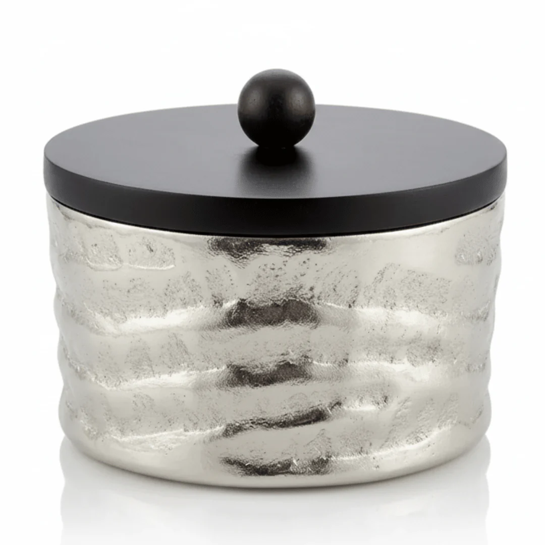 Luhpar Silver Wave Textured Aluminum Round Storage Box With Black Wooden Lid - 14×8 cm - 75006-A