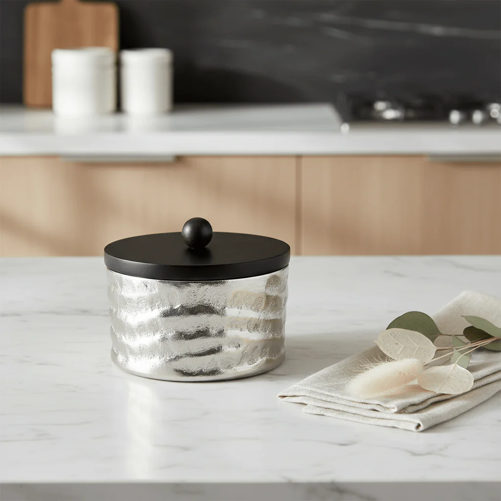 Luhpar Silver Wave Textured Aluminum Round Storage Box With Black Wooden Lid - 14×8 cm - 75006-A - Image 2