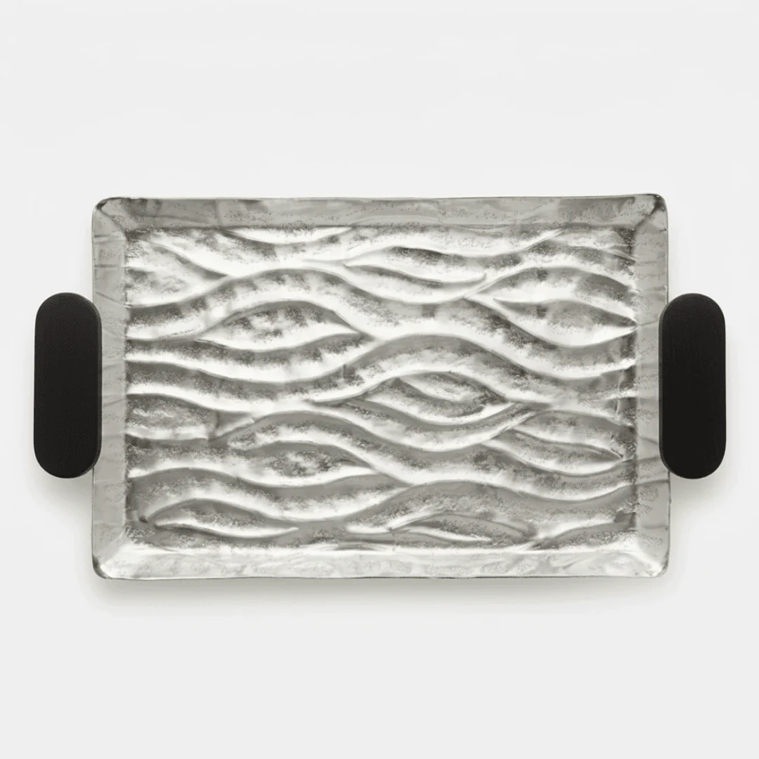 Luhpar Wave Textured Aluminum Rectangular Serving Tray with Black Wooden Handles - 40×26 cm - 74893-A