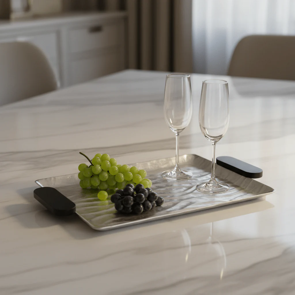 Luhpar Wave Textured Aluminum Rectangular Serving Tray with Black Wooden Handles - 40×26 cm - 74893-A - Image 2