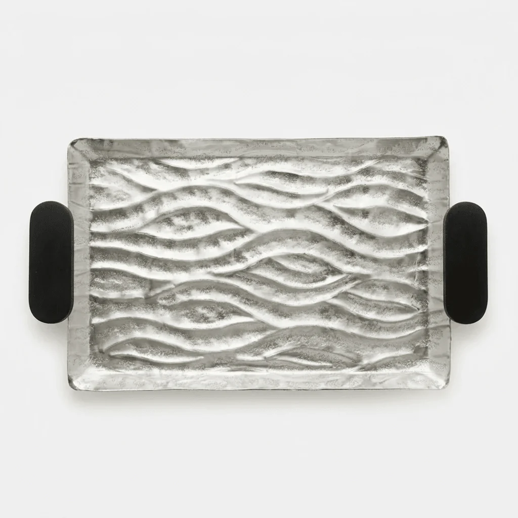 Luhpar Wave Textured Aluminium Rectangular Tray with Black Wooden Handles - 46 × 31 cm - 74893-B