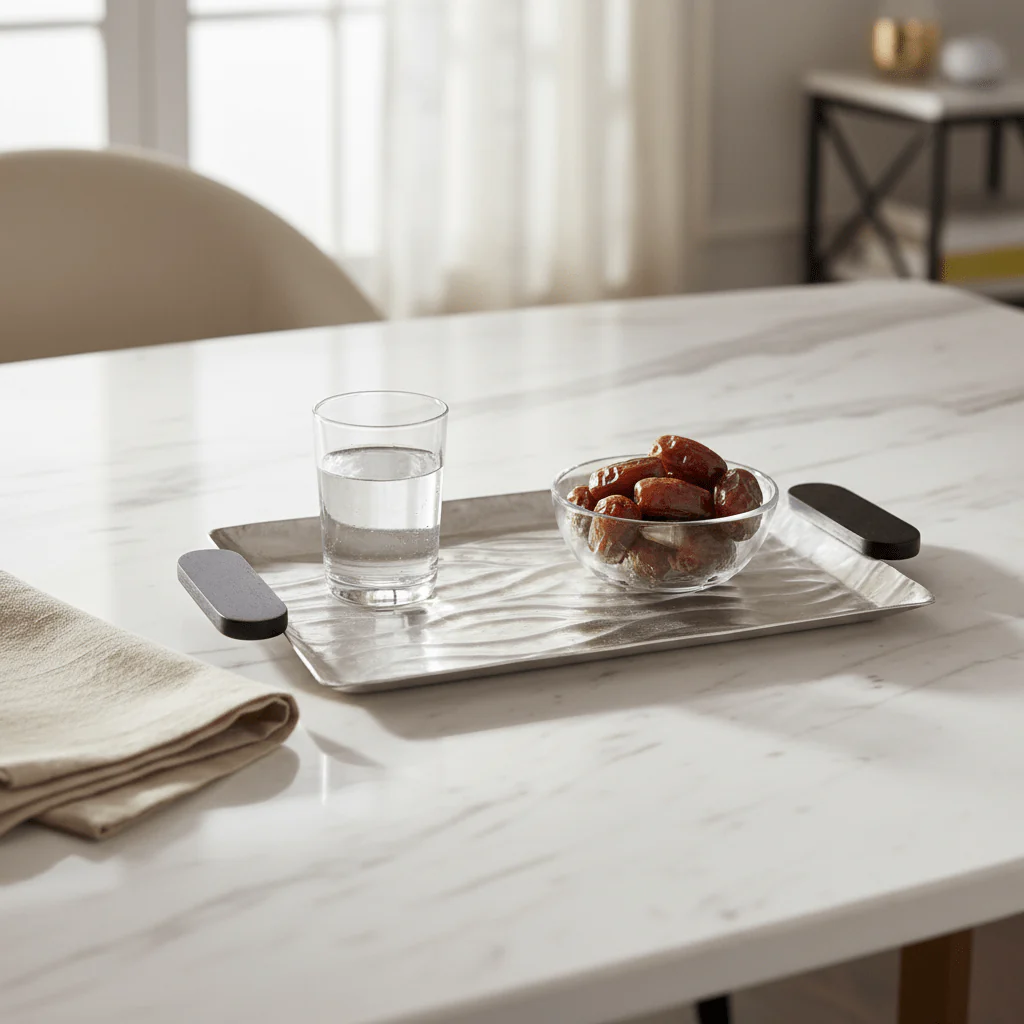 Luhpar Wave Textured Aluminium Rectangular Tray with Black Wooden Handles - 46 × 31 cm - 74893-B - Image 2