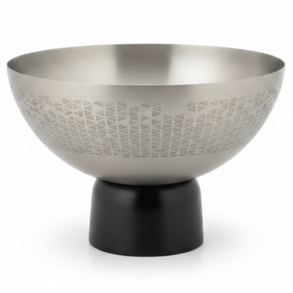 Luhpar Brushed Silver Stainless Steel Candy Bowl with Black Wooden Base - 18×12cm
