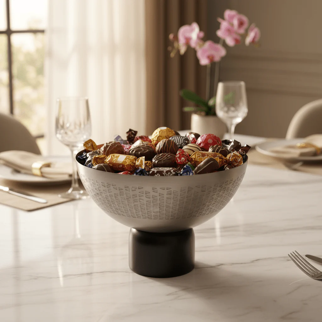 Luhpar Brushed Silver Stainless Steel Candy Bowl with Black Wooden Base - 18×12cm - Image 2