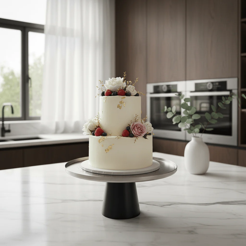 Luhpar Black Wooden Footed Brushed Silver Stainless Steel Cake Stand - 11×21 cm - Image 2