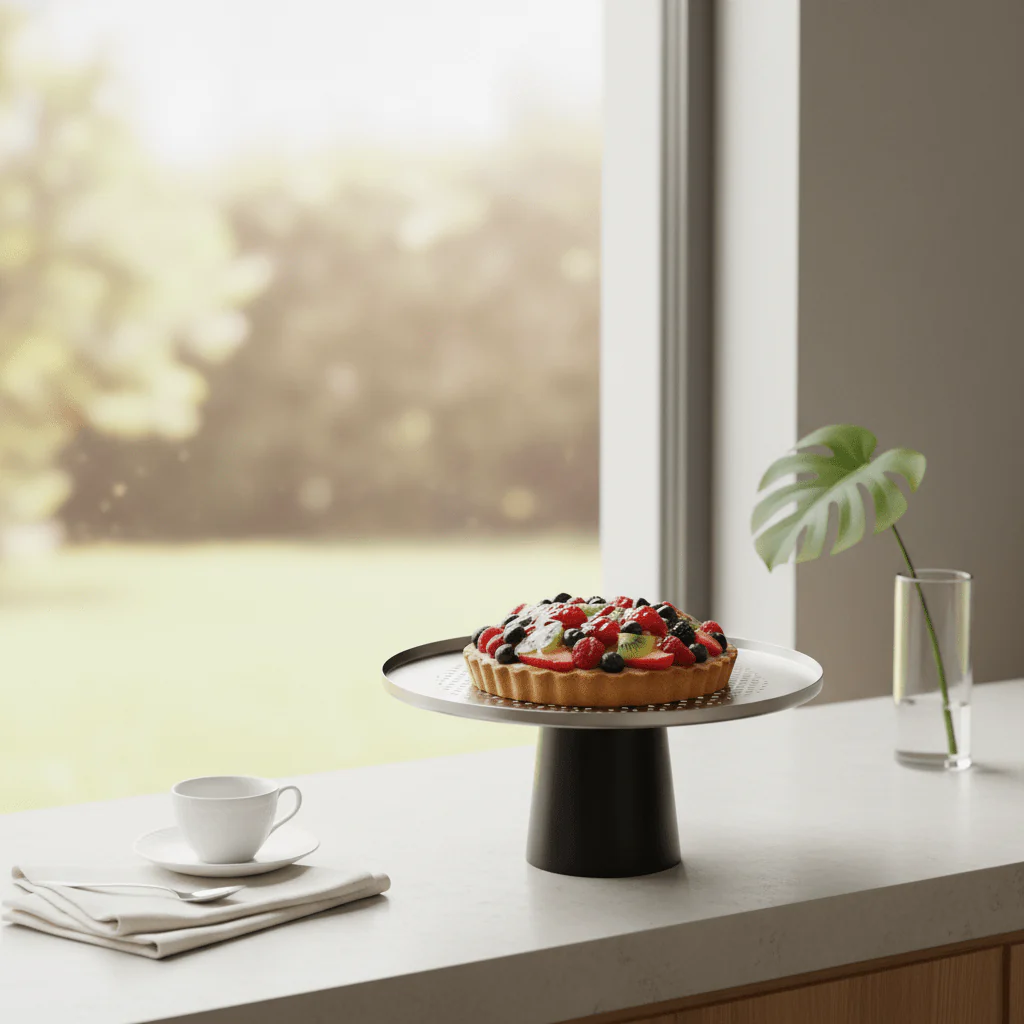 Luhpar Black Wooden Footed Brushed Silver Stainless Steel Cake Stand - 11×21 cm - Image 4