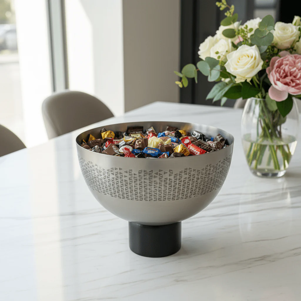Luhpar Brushed Silver Stainless Steel Candy Bowl with Black Wooden Base - 18×23cm - Image 2