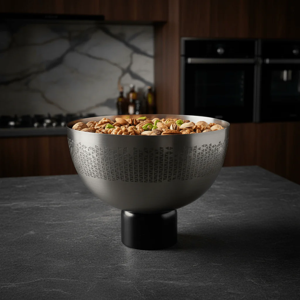 Luhpar Brushed Silver Stainless Steel Candy Bowl with Black Wooden Base - 18×23cm - Image 3
