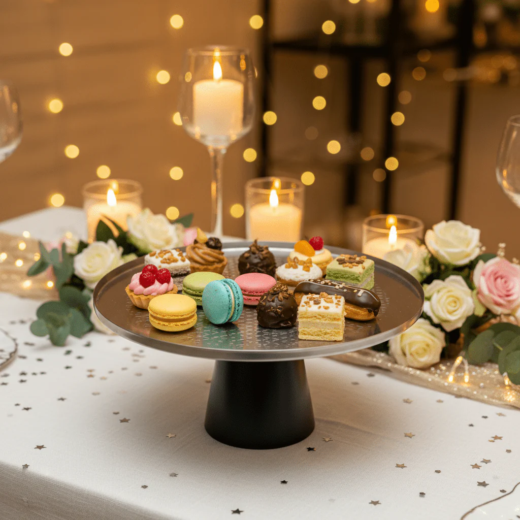 Luhpar Black Wooden Footed Brushed Silver Stainless Steel Cake Stand - 13×27 cm - Image 3