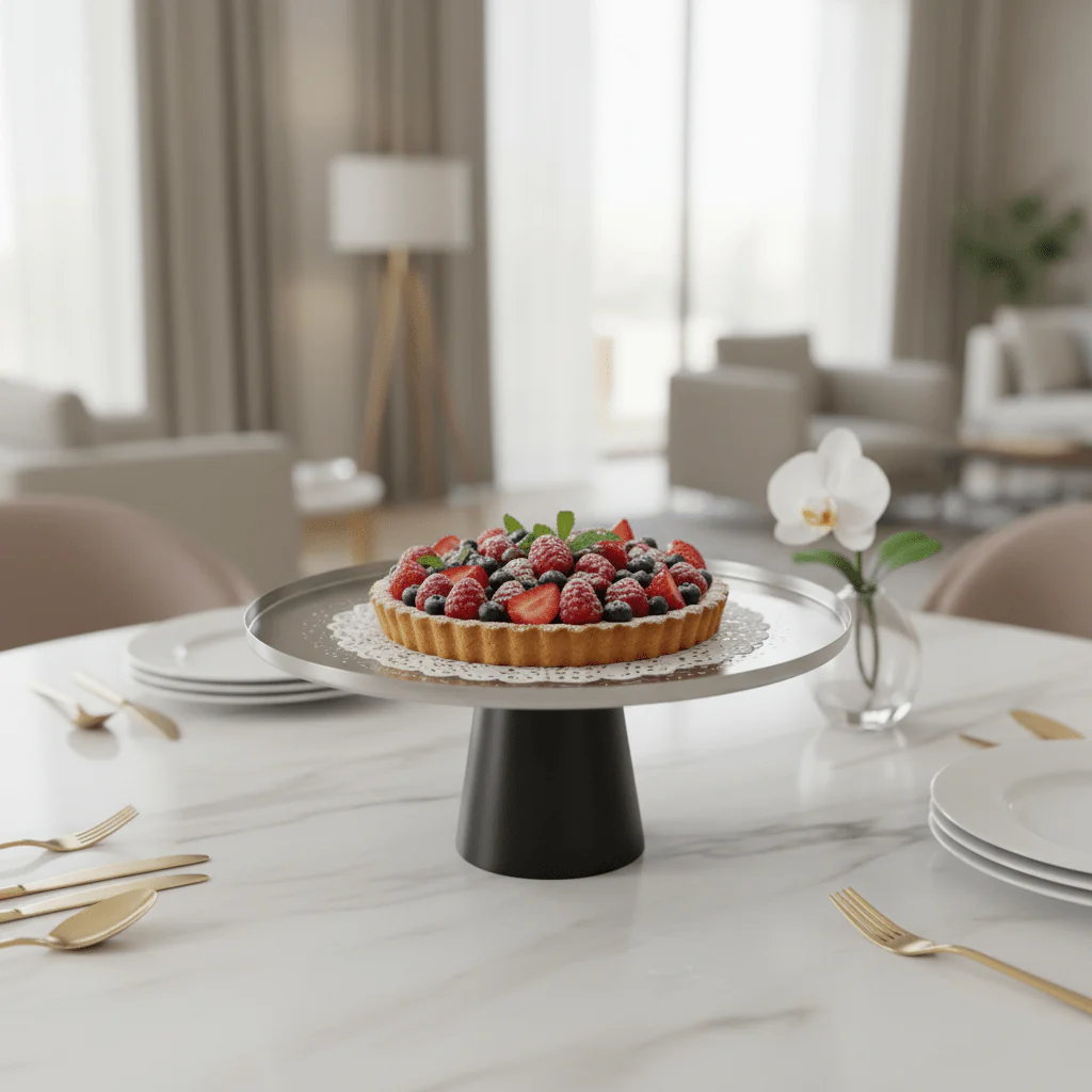 Luhpar Black Wooden Footed Brushed Silver Stainless Steel Cake Stand - 13×27 cm - Image 4
