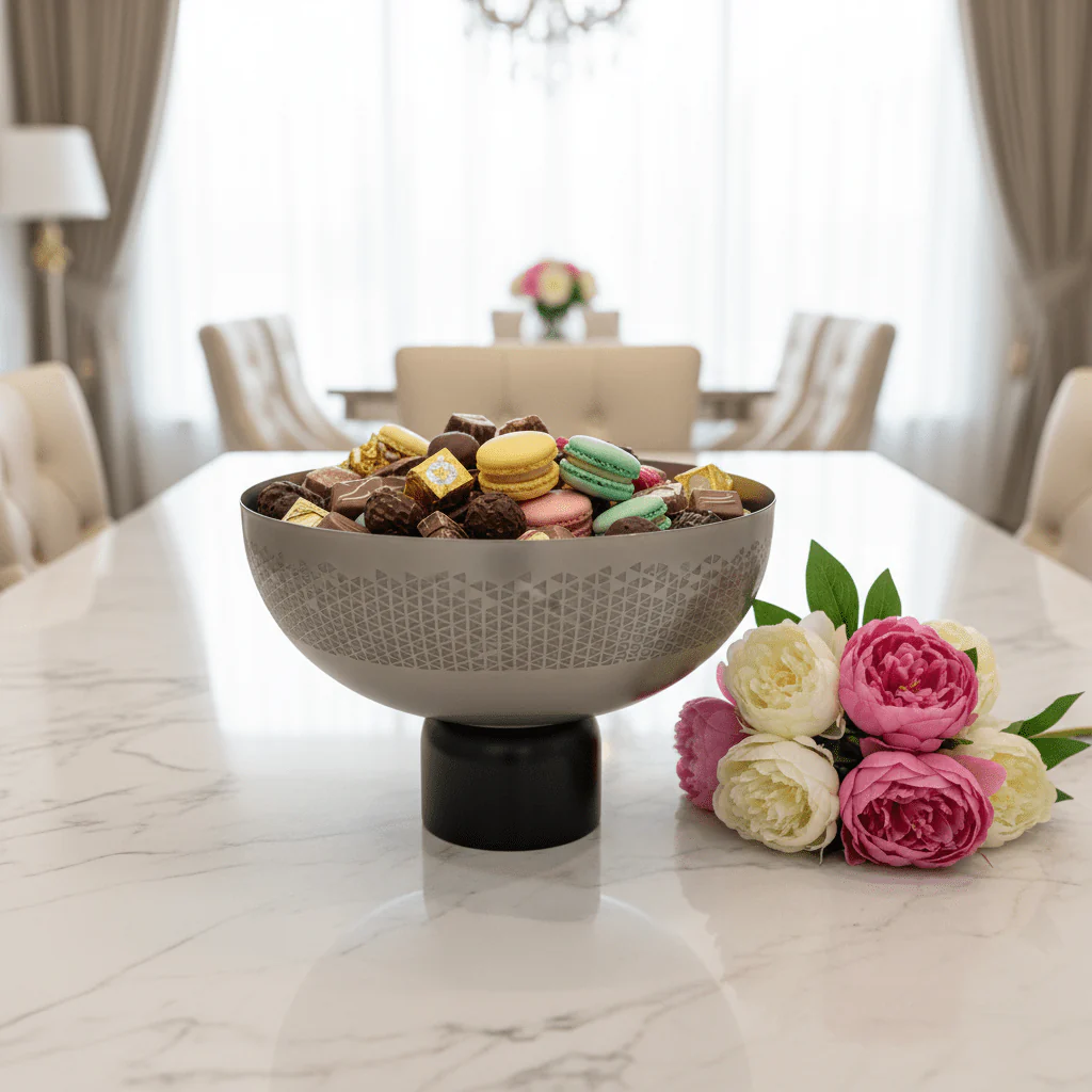 Luhpar Brushed Silver Stainless Steel Candy Bowl with Black Wooden Base - 18×26cm - Image 2