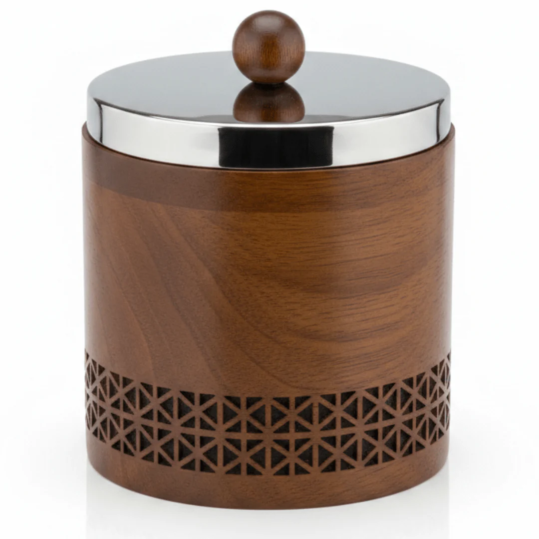 Luhpar Brown Wooden Jar with Silver Stainless Steel Lid — 12×12cm