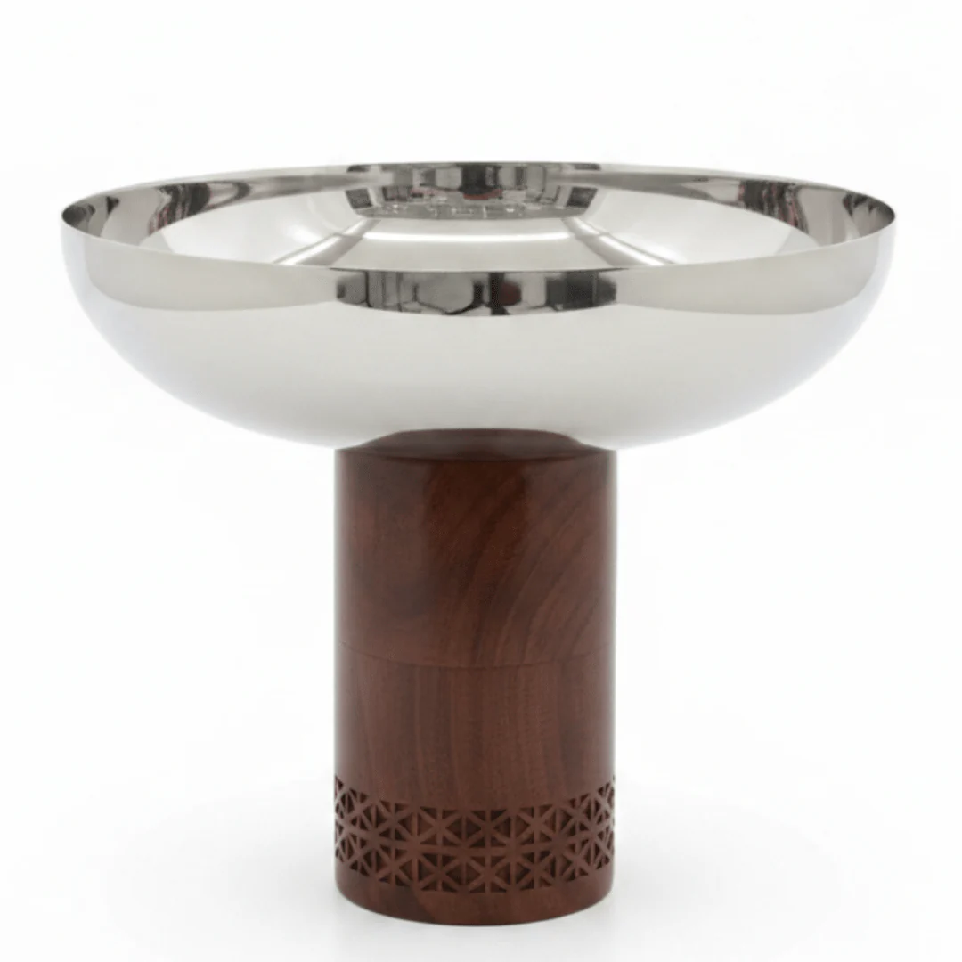 Luhpar Brown Wooden Footed Silver Stainless Steel Bowl - 21×26cm