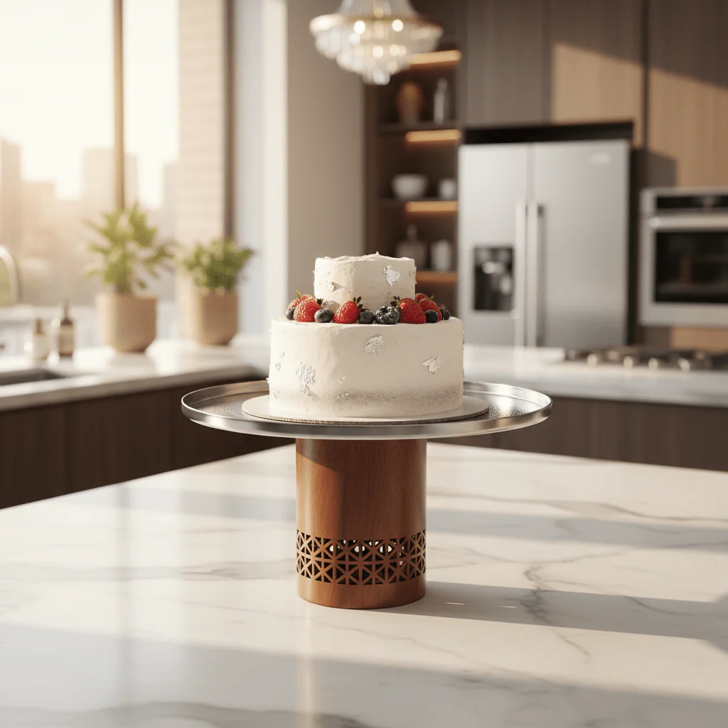 Luhpar Brown Wooden Footed Silver Stainless Steel Cake Stand - 27×14cm - Image 2
