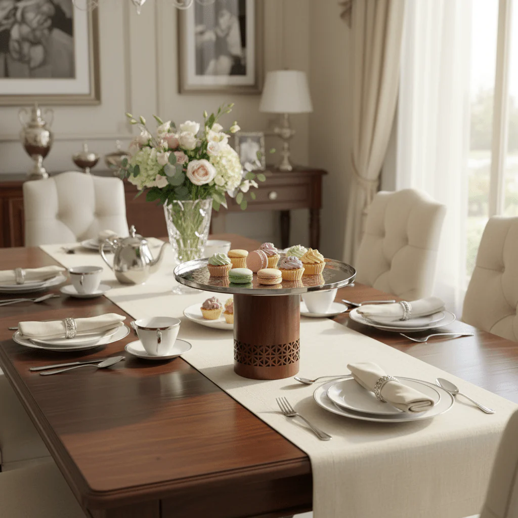 Luhpar Brown Wooden Footed Silver Stainless Steel Cake Stand - 27×14cm - Image 3